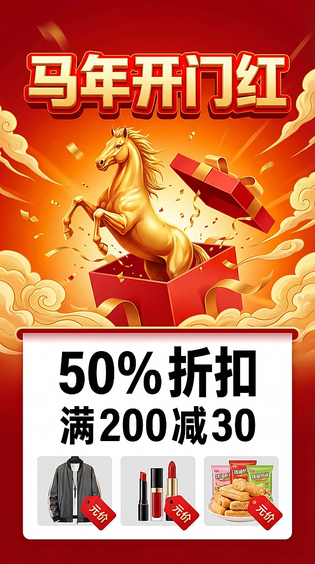鎏金骏马跃出礼盒，3D重拟物风呈现立体体积感，红金配色营造喜庆氛围，金属质感强化视觉冲击，融合促销信息，传递马年开门红的节日狂欢。