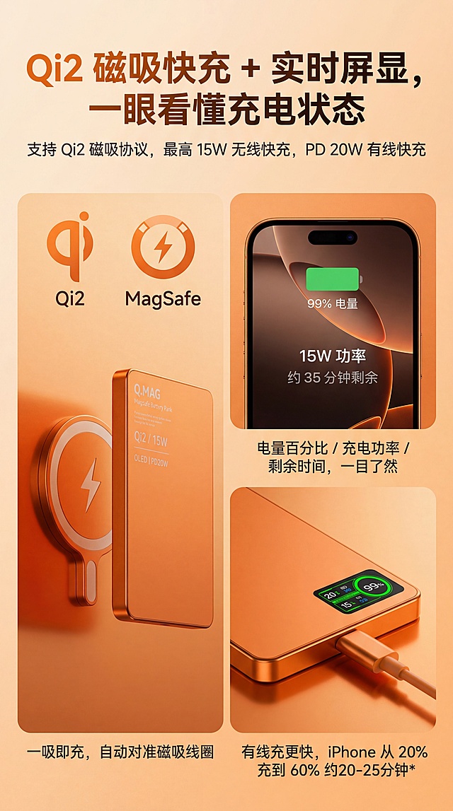 充电宝详情页
一、第一屏
 1.标题（大字）：
 “ iPhone 专用QI2磁吸充电宝”
2.副标题（小字）：
  “Qi2 磁吸快充｜实时屏显｜金属+磨砂玻璃高颜值”
画面描述：
  - iPhone 17 银色背面 + QI2充电宝吸在背上+图中浅蓝色的背景上有几个承托产品的柔软的渐变球体，画面颜色搭配舒服；
  - 特写磨砂玻璃背板的光感+金属边框；强化突出充电宝的背面磨砂玻璃的质感和金属边框的材质。（3D渲染风格，超写实主义，octane渲染，强调材质细节，磨砂玻璃与液态透明质感的精确表现，现代产品设计可视化，8K超高清分辨率，光线追踪技术，细腻的材质反射与折射效果）
二、第二屏
- 标题：
 “告别笨重的大砖头，只带一片就够了”
- 副标题：
  **通勤、追剧、咖啡店办公，一吸即充，不占手不占线**
- 内容点（用三小图或三 icon）：
  1. 地铁/通勤：手机+充电宝一体握在手里 → “边走边刷，磁吸不掉”
  **画面描述：**地铁/通勤：有个帅哥在地铁里一只手抓着头顶的扶手，一只手一体握着背面有充电的手机在手里
  2. 办公/咖啡：手机放桌面上吸着充 → “无需找线，拿起就走” 
  3. 外出约会：女士小包内实拍 → “比大容量砖头更轻更好看”

三. 第三屏
- 标题：
  “Qi2 磁吸快充 + 实时屏显，一眼看懂充电状态”
- 副标题：
 “支持 Qi2 磁吸协议，最高 15W 无线快充，PD 20W 有线快充”
画面描述：（按照参考图排位，一边一张，另外一边两张）：
  - 左侧：Qi2 + MagSafe 图标，背景放个稍微虚化的充电宝。
    - 文案：“一吸即充，自动对准磁吸线圈”
  - 右上侧：iPhone17的UI特写（充电数显）
    - 文案：“电量百分比 / 充电功率 / 剩余时间，一目了然” 
- 右下侧：PD 20W 有线口示意
    - 文案：“有线充更快，iPhone 从 20% 充到 60% 约 XX 分钟*（用实测数据补）”

 四、第四屏
- 标题：
 “轻装出门，刚刚好够用的一天电量”
- 副标题：
 “不是越大越好，而是刚好够用才重要”
- 左侧：5000mAh →
  - 文案：
    - “适合日常通勤补电，iPhone 17大约可从 20% 充到 80% 约1–2 次*”
“更轻更薄，放小包不占空间”
右侧：10000mAh →文案：“适合重度使用/短途出差，iPhone 15 大约可从 20% 充到 80% 约 2–3 次*”
“容量更安心，一天电量无压力”
下面一行明度低很小字共同说明：
“*具体次数视机型与使用环境略有差异，数据来自本店实验室测试”
再配一张 “手拿厚度对比” + “磁吸强度小图”：
文案：“约 123g，握持轻便不疲劳”
“强磁吸 + 多点定位，走路轻晃不易掉落，建议搭配磁吸手机壳使用”
五、第五屏：
做工 & 质感——用现有的 CNC / 阳极氧化 / AG磨砂玻璃
标题：
金属边框 + 磨砂玻璃，手感和颜值都在线
副标题：
CNC 精工切削｜阳极氧化金属边框｜AG 磨砂钢化玻璃背板
画面描述、内容点：
图1：充电宝边框倒角特写文案：“金属边框一体成型，CNC 精雕细琢，边缘圆润不割手”
图2：充电宝磨砂玻璃背板局部反光文案：“AG 磨砂钢化玻璃，低反光不炫目，摸起来细腻不黏腻”
图3：手指触摸充电宝不留印对比文案：“防指纹涂层，告别油腻指纹，一整天保持清爽干净”
六、 第六屏：
安全 & 品控（电芯+保护）
使用现有的产品电池剖面图，讲解“产品用料+保护”减少用户担心。
标题：
安全电芯 + 多重保护，安心充不伤机
副标题：
高品质电芯｜多重智能保护｜严格出厂检测
内容点：
“采用高品质聚合物电芯，多轮测试，寿命更长”
“内置多重保护：过充保护 / 过放保护 / 过流保护 / 短路保护 / 温度保护”
“每一台出厂前都经过完整充放电检测，确保稳定可靠”
下方使用一些产品认证和充电宝常用小图标（如 CE、CCC，FCC、RoHS、飞机、高铁等），底透明度白底排一行不占画面空间
 七、第七屏：
对比普通充电宝（强化定位差异）
用一张对比表，把你和“便宜大黑砖”做对比。
标题：
“不是大黑砖，是日常随身的数码饰品”
表格示例：
对比项普通充电宝这款磁吸玻璃充电宝
外观 塑料外壳、普通造型 金属边框 + 磨砂玻 璃，高级质感
使用方式 要找线、要拿着两块 一吸即充，手机+电宝合一
重量体积 笨重厚实，多余容量浪费 小巧轻薄便携，刚好满足一天使用
充电状态 只有几个灯，看不懂 数显屏实时显示电量和功率
适配 iPhone只能当普通移动电源 支持 Qi2 磁吸，更适合 iPhone 用户                                                          超写实3D渲染风格重新制作完整八屏电商详情页，4K分辨率，从产品定位、场景痛点、核心功能、体验细节、做工质感、安全品控、竞品对比到适配服务，全方位呈现产品优势，精准表现材质的反射与折射质感。     配色参考最后一张图，保留充电宝原来的颜色