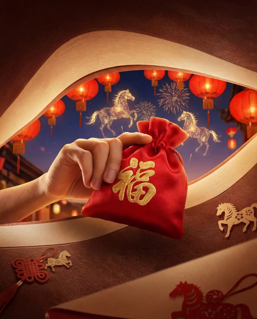 参考以上人物姿势动作，生成一张类似的马年主题的大透视预览效果