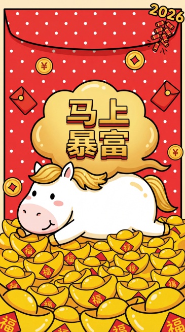 马年春节海报，幽默谐音风格，平面二维设计，竖版构图，一只胖乎乎的白色小马，金色的鬃毛，躺在一堆巨大的金色锭子上（有光泽的纹理，红色的“福”贴纸），小马的背部是一个柔软的金色云形坐垫，上面印着“马上暴富预览效果