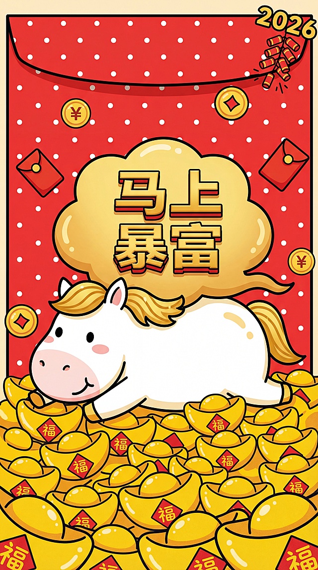 国潮风插画，拟人化白马躺卧金元宝堆中，喜庆红底配鎏金元素，卡通感十足，寓意2026马年“马上暴富”，节日氛围浓厚。