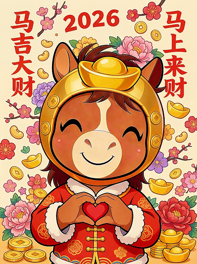 背景图案换成花朵，金豆，金币，元宝，头上的2026换成红色字样