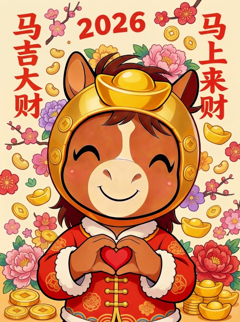 背景图案换成花朵，金豆，金币，元宝，头上的2026换成红色字样预览效果