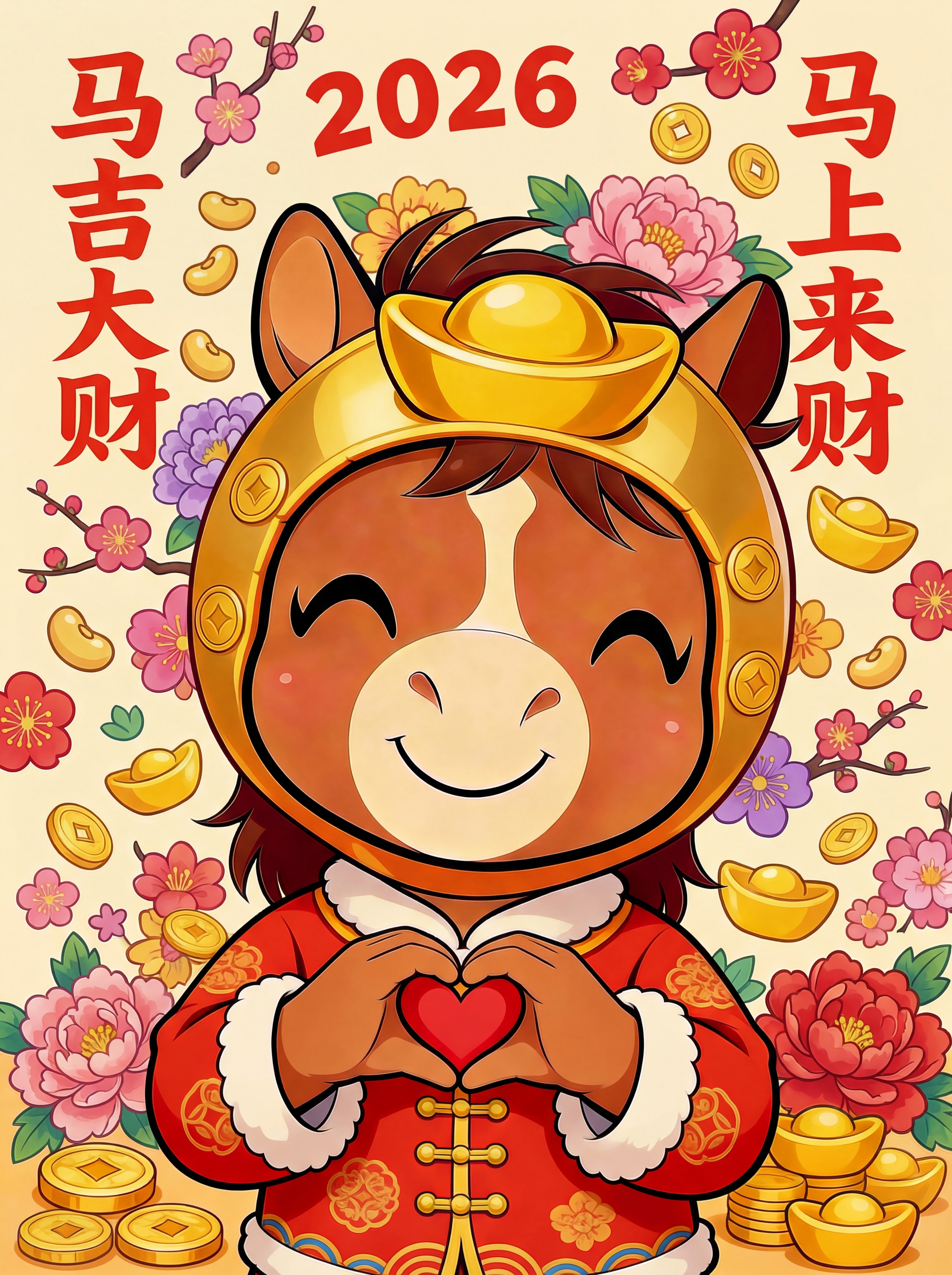 背景图案换成花朵，金豆，金币，元宝，头上的2026换成红色字样 - 图片创意预览