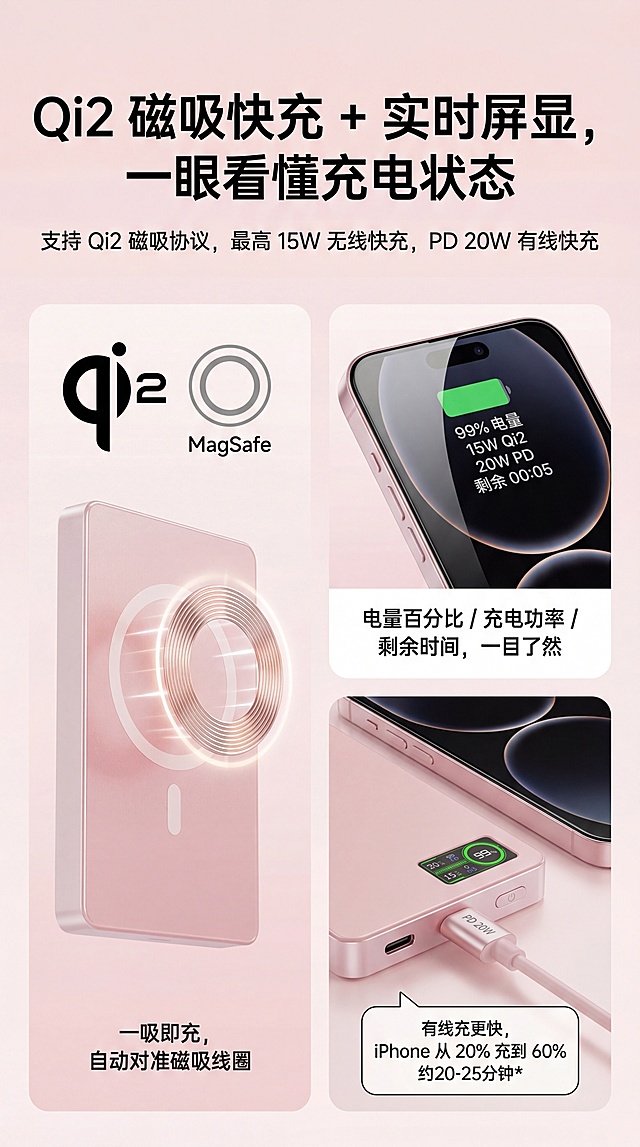 充电宝详情页
一、第一屏
 1.标题（大字）：
 “ iPhone 专用QI2磁吸充电宝”
2.副标题（小字）：
  “Qi2 磁吸快充｜实时屏显｜金属+磨砂玻璃高颜值”
画面描述：
  - iPhone 17 银色背面 + QI2充电宝吸在背上+图中浅蓝色的背景上有几个承托产品的柔软的渐变球体，画面颜色搭配舒服；
  - 特写磨砂玻璃背板的光感+金属边框；强化突出充电宝的背面磨砂玻璃的质感和金属边框的材质。（3D渲染风格，超写实主义，octane渲染，强调材质细节，磨砂玻璃与液态透明质感的精确表现，现代产品设计可视化，8K超高清分辨率，光线追踪技术，细腻的材质反射与折射效果）
二、第二屏
- 标题：
 “告别笨重的大砖头，只带一片就够了”
- 副标题：
  **通勤、追剧、咖啡店办公，一吸即充，不占手不占线**
- 内容点（用三小图或三 icon）：
  1. 地铁/通勤：手机+充电宝一体握在手里 → “边走边刷，磁吸不掉”
  **画面描述：**地铁/通勤：有个帅哥在地铁里一只手抓着头顶的扶手，一只手一体握着背面有充电的手机在手里
  2. 办公/咖啡：手机放桌面上吸着充 → “无需找线，拿起就走” 
  3. 外出约会：女士小包内实拍 → “比大容量砖头更轻更好看”

三. 第三屏
- 标题：
  “Qi2 磁吸快充 + 实时屏显，一眼看懂充电状态”
- 副标题：
 “支持 Qi2 磁吸协议，最高 15W 无线快充，PD 20W 有线快充”
画面描述：（按照参考图排位，一边一张，另外一边两张）：
  - 左侧：Qi2 + MagSafe 图标，背景放个稍微虚化的充电宝。
    - 文案：“一吸即充，自动对准磁吸线圈”
  - 右上侧：iPhone17的UI特写（充电数显）
    - 文案：“电量百分比 / 充电功率 / 剩余时间，一目了然” 
- 右下侧：PD 20W 有线口示意
    - 文案：“有线充更快，iPhone 从 20% 充到 60% 约 XX 分钟*（用实测数据补）”

 四、第四屏
- 标题：
 “轻装出门，刚刚好够用的一天电量”
- 副标题：
 “不是越大越好，而是刚好够用才重要”
- 左侧：5000mAh →
  - 文案：
    - “适合日常通勤补电，iPhone 17大约可从 20% 充到 80% 约1–2 次*”
“更轻更薄，放小包不占空间”
右侧：10000mAh →文案：“适合重度使用/短途出差，iPhone 15 大约可从 20% 充到 80% 约 2–3 次*”
“容量更安心，一天电量无压力”
下面一行明度低很小字共同说明：
“*具体次数视机型与使用环境略有差异，数据来自本店实验室测试”
再配一张 “手拿厚度对比” + “磁吸强度小图”：
文案：“约 123g，握持轻便不疲劳”
“强磁吸 + 多点定位，走路轻晃不易掉落，建议搭配磁吸手机壳使用”
五、第五屏：
做工 & 质感——用现有的 CNC / 阳极氧化 / AG磨砂玻璃
标题：
金属边框 + 磨砂玻璃，手感和颜值都在线
副标题：
CNC 精工切削｜阳极氧化金属边框｜AG 磨砂钢化玻璃背板
画面描述、内容点：
图1：充电宝边框倒角特写文案：“金属边框一体成型，CNC 精雕细琢，边缘圆润不割手”
图2：充电宝磨砂玻璃背板局部反光文案：“AG 磨砂钢化玻璃，低反光不炫目，摸起来细腻不黏腻”
图3：手指触摸充电宝不留印对比文案：“防指纹涂层，告别油腻指纹，一整天保持清爽干净”
六、 第六屏：
安全 & 品控（电芯+保护）
使用现有的产品电池剖面图，讲解“产品用料+保护”减少用户担心。
标题：
安全电芯 + 多重保护，安心充不伤机
副标题：
高品质电芯｜多重智能保护｜严格出厂检测
内容点：
“采用高品质聚合物电芯，多轮测试，寿命更长”
“内置多重保护：过充保护 / 过放保护 / 过流保护 / 短路保护 / 温度保护”
“每一台出厂前都经过完整充放电检测，确保稳定可靠”
下方使用一些产品认证和充电宝常用小图标（如 CE、CCC，FCC、RoHS、飞机、高铁等），底透明度白底排一行不占画面空间
 七、第七屏：
对比普通充电宝（强化定位差异）
用一张对比表，把你和“便宜大黑砖”做对比。
标题：
“不是大黑砖，是日常随身的数码饰品”
表格示例：
对比项普通充电宝这款磁吸玻璃充电宝
外观 塑料外壳、普通造型 金属边框 + 磨砂玻 璃，高级质感
使用方式 要找线、要拿着两块 一吸即充，手机+电宝合一
重量体积 笨重厚实，多余容量浪费 小巧轻薄便携，刚好满足一天使用
充电状态 只有几个灯，看不懂 数显屏实时显示电量和功率
适配 iPhone只能当普通移动电源 支持 Qi2 磁吸，更适合 iPhone 用户超写实3D渲染风格重新制作完整八屏电商详情页，4K分辨率，从产品定位、场景痛点、核心功能、体验细节、做工质感、安全品控、竞品对比到适配服务，全方位呈现产品优势，精准表现材质的反射与折射质感。
套图氛围和色彩参考最后一张图