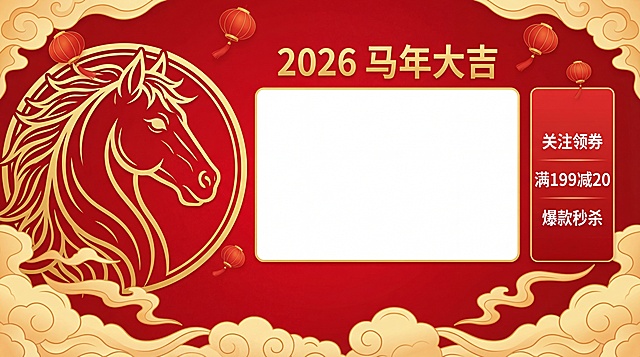 红金配色，描边剪纸风马头，国潮鎏金元素，祥云灯笼点缀，喜庆中式年味，2026马年大吉主题设计。