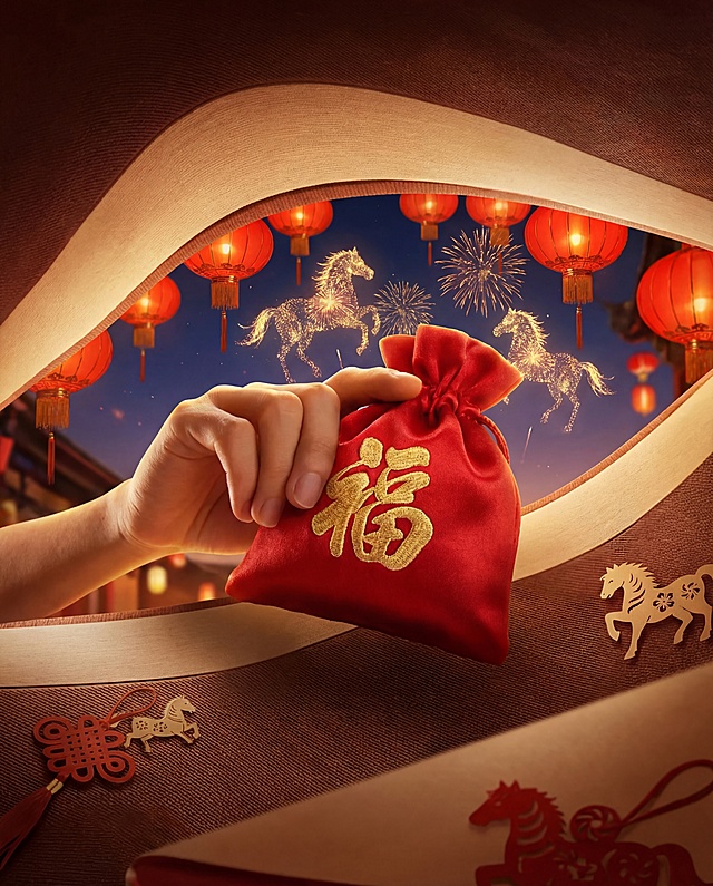 国潮风融合剪纸与刺绣元素，鎏金“福”字红包跃然眼前，重拟物手法呈现喜庆场景，烟花骏马点缀梦幻夜景，中式美学尽显节日欢愉。