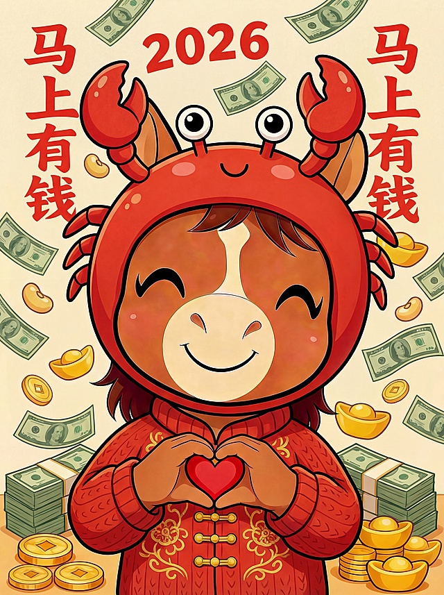 金元宝头套改成螃蟹头套，背景上的“马上发财”改成红色的“马上有钱”字样。小马穿着红色毛衣，小马比爱心状，背景加一些美钞，把花朵去掉