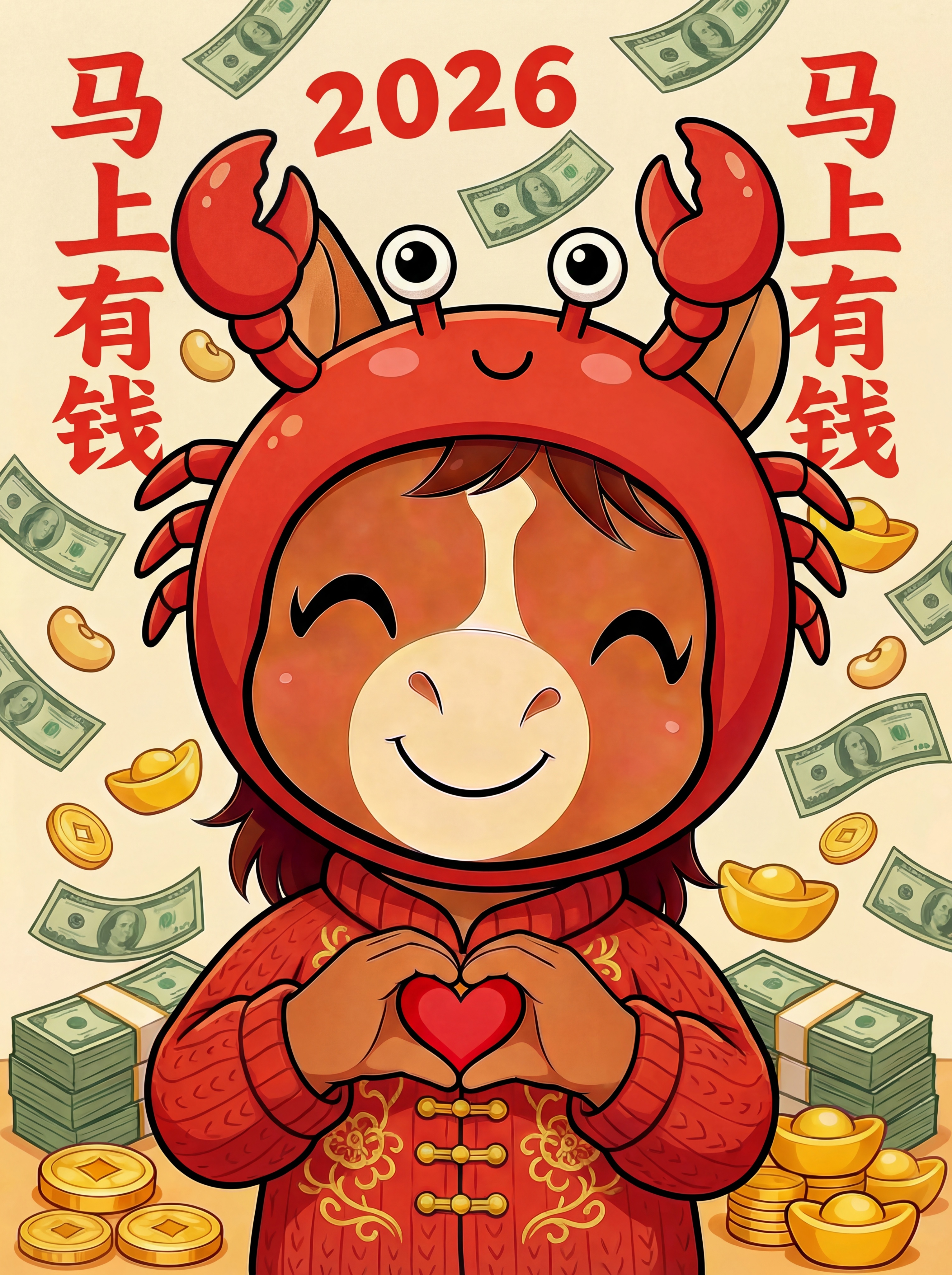 金元宝头套改成螃蟹头套，背景上的“马上发财”改成红色的“马上有… - 图片创意预览