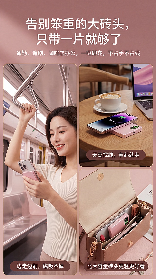 充电宝详情页
一、第一屏
 1.标题（大字）：
 “ iPhone 专用QI2磁吸充电宝”
2.副标题（小字）：
  “Qi2 磁吸快充｜实时屏显｜金属+磨砂玻璃高颜值”
画面描述：
  - iPhone 17 银色背面 + QI2充电宝吸在背上+粉色高级感渐变背景加产品展示台，画面颜色搭配舒服；
  - 特写磨砂玻璃背板的光感+金属边框；强化突出充电宝的背面磨砂玻璃的质感和金属边框的材质。
二、第二屏
- 标题：
 “告别笨重的大砖头，只带一片就够了”
- 副标题：
  **通勤、追剧、咖啡店办公，一吸即充，不占手不占线**
- 内容点（用三小图或三 icon）：
  1. 地铁/通勤：手机+充电宝一体握在手里 → “边走边刷，磁吸不掉”
  **画面描述：**地铁/通勤：有个美女在地铁里一只手抓着头顶的扶手，一只手一体握着背面有充电的手机在手里
  2. 办公/咖啡：手机放桌面上吸着充 → “无需找线，拿起就走” 
  3. 外出约会：女士小包内实拍 → “比大容量砖头更轻更好看”

三. 第三屏
- 标题：
  “Qi2 磁吸快充 + 实时屏显，一眼看懂充电状态”
- 副标题：
 “支持 Qi2 磁吸协议，最高 15W 无线快充，PD 20W 有线快充”
画面描述：（按照参考图排位，一边一张，另外一边两张）：
  - 左侧：Qi2 + MagSafe 图标，背景放个稍微虚化的充电宝。
    - 文案：“一吸即充，自动对准磁吸线圈”
  - 右上侧：iPhone17的UI特写（充电数显）
    - 文案：“电量百分比 / 充电功率 / 剩余时间，一目了然” 
- 右下侧：PD 20W 有线口示意
    - 文案：“有线充更快，iPhone 从 20% 充到 60% 约 XX 分钟*（用实测数据补）”

 四、第四屏
- 标题：
 “轻装出门，刚刚好够用的一天电量”
- 副标题：
 “不是越大越好，而是刚好够用才重要”
- 左侧：5000mAh →
  - 文案：
    - “适合日常通勤补电，iPhone 17大约可从 20% 充到 80% 约1–2 次*”
“更轻更薄，放小包不占空间”
右侧：10000mAh →文案：“适合重度使用/短途出差，iPhone 15 大约可从 20% 充到 80% 约 2–3 次*”
“容量更安心，一天电量无压力”
下面一行明度低很小字共同说明：
“*具体次数视机型与使用环境略有差异，数据来自本店实验室测试”
再配一张 “手拿厚度对比” + “磁吸强度小图”：
文案：“约 123g，握持轻便不疲劳”
“强磁吸 + 多点定位，走路轻晃不易掉落，建议搭配磁吸手机壳使用”
五、第五屏：
做工 & 质感——用现有的 CNC / 阳极氧化 / AG磨砂玻璃
标题：
金属边框 + 磨砂玻璃，手感和颜值都在线
副标题：
CNC 精工切削｜阳极氧化金属边框｜AG 磨砂钢化玻璃背板
画面描述、内容点：
图1：充电宝边框倒角特写文案：“金属边框一体成型，CNC 精雕细琢，边缘圆润不割手”
图2：充电宝磨砂玻璃背板局部反光文案：“AG 磨砂钢化玻璃，低反光不炫目，摸起来细腻不黏腻”
图3：手指触摸充电宝不留印对比文案：“防指纹涂层，告别油腻指纹，一整天保持清爽干净”
六、 第六屏：
安全 & 品控（电芯+保护）
使用现有的产品电池剖面图，讲解“产品用料+保护”减少用户担心。
标题：
安全电芯 + 多重保护，安心充不伤机
副标题：
高品质电芯｜多重智能保护｜严格出厂检测
内容点：
“采用高品质聚合物电芯，多轮测试，寿命更长”
“内置多重保护：过充保护 / 过放保护 / 过流保护 / 短路保护 / 温度保护”
“每一台出厂前都经过完整充放电检测，确保稳定可靠”
下方使用一些产品认证和充电宝常用小图标（如 CE、CCC，FCC、RoHS、飞机、高铁等），底透明度白底排一行不占画面空间
 七、第七屏：
对比普通充电宝（强化定位差异）
用一张对比表，把你和“便宜大黑砖”做对比。
标题：
“不是大黑砖，是日常随身的数码饰品”
表格示例：
对比项普通充电宝这款磁吸玻璃充电宝
外观 塑料外壳、普通造型 金属边框 + 磨砂玻 璃，高级质感
使用方式 要找线、要拿着两块 一吸即充，手机+电宝合一
重量体积 笨重厚实，多余容量浪费 小巧轻薄便携，刚好满足一天使用
充电状态 只有几个灯，看不懂 数显屏实时显示电量和功率
适配 iPhone只能当普通移动电源 支持 Qi2 磁吸，更适合 iPhone 用户超写实3D渲染风格重新制作完整八屏电商详情页，4K分辨率，从产品定位、场景痛点、核心功能、体验细节、做工质感、安全品控、竞品对比到适配服务，全方位呈现产品优势，精准表现材质的反射与折射质感。
套图氛围和色彩参考最后一张图