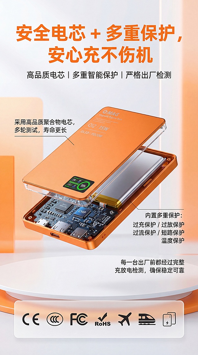 充电宝详情页
一、第一屏
 1.标题（大字）：
 “ iPhone 专用QI2磁吸充电宝”
2.副标题（小字）：
  “Qi2 磁吸快充｜实时屏显｜金属+磨砂玻璃高颜值”
画面描述：
  - iPhone 17 银色背面 + QI2充电宝吸在背上+图中浅蓝色的背景上有几个承托产品的柔软的渐变球体，画面颜色搭配舒服；
  - 特写磨砂玻璃背板的光感+金属边框；强化突出充电宝的背面磨砂玻璃的质感和金属边框的材质。（3D渲染风格，超写实主义，octane渲染，强调材质细节，磨砂玻璃与液态透明质感的精确表现，现代产品设计可视化，8K超高清分辨率，光线追踪技术，细腻的材质反射与折射效果）
二、第二屏
- 标题：
 “告别笨重的大砖头，只带一片就够了”
- 副标题：
  **通勤、追剧、咖啡店办公，一吸即充，不占手不占线**
- 内容点（用三小图或三 icon）：
  1. 地铁/通勤：手机+充电宝一体握在手里 → “边走边刷，磁吸不掉”
  **画面描述：**地铁/通勤：有个帅哥在地铁里一只手抓着头顶的扶手，一只手一体握着背面有充电的手机在手里
  2. 办公/咖啡：手机放桌面上吸着充 → “无需找线，拿起就走” 
  3. 外出约会：女士小包内实拍 → “比大容量砖头更轻更好看”

三. 第三屏
- 标题：
  “Qi2 磁吸快充 + 实时屏显，一眼看懂充电状态”
- 副标题：
 “支持 Qi2 磁吸协议，最高 15W 无线快充，PD 20W 有线快充”
画面描述：（按照参考图排位，一边一张，另外一边两张）：
  - 左侧：Qi2 + MagSafe 图标，背景放个稍微虚化的充电宝。
    - 文案：“一吸即充，自动对准磁吸线圈”
  - 右上侧：iPhone17的UI特写（充电数显）
    - 文案：“电量百分比 / 充电功率 / 剩余时间，一目了然” 
- 右下侧：PD 20W 有线口示意
    - 文案：“有线充更快，iPhone 从 20% 充到 60% 约 XX 分钟*（用实测数据补）”

 四、第四屏
- 标题：
 “轻装出门，刚刚好够用的一天电量”
- 副标题：
 “不是越大越好，而是刚好够用才重要”
- 左侧：5000mAh →
  - 文案：
    - “适合日常通勤补电，iPhone 17大约可从 20% 充到 80% 约1–2 次*”
“更轻更薄，放小包不占空间”
右侧：10000mAh →文案：“适合重度使用/短途出差，iPhone 15 大约可从 20% 充到 80% 约 2–3 次*”
“容量更安心，一天电量无压力”
下面一行明度低很小字共同说明：
“*具体次数视机型与使用环境略有差异，数据来自本店实验室测试”
再配一张 “手拿厚度对比” + “磁吸强度小图”：
文案：“约 123g，握持轻便不疲劳”
“强磁吸 + 多点定位，走路轻晃不易掉落，建议搭配磁吸手机壳使用”
五、第五屏：
做工 & 质感——用现有的 CNC / 阳极氧化 / AG磨砂玻璃
标题：
金属边框 + 磨砂玻璃，手感和颜值都在线
副标题：
CNC 精工切削｜阳极氧化金属边框｜AG 磨砂钢化玻璃背板
画面描述、内容点：
图1：充电宝边框倒角特写文案：“金属边框一体成型，CNC 精雕细琢，边缘圆润不割手”
图2：充电宝磨砂玻璃背板局部反光文案：“AG 磨砂钢化玻璃，低反光不炫目，摸起来细腻不黏腻”
图3：手指触摸充电宝不留印对比文案：“防指纹涂层，告别油腻指纹，一整天保持清爽干净”
六、 第六屏：
安全 & 品控（电芯+保护）
使用现有的产品电池剖面图，讲解“产品用料+保护”减少用户担心。
标题：
安全电芯 + 多重保护，安心充不伤机
副标题：
高品质电芯｜多重智能保护｜严格出厂检测
内容点：
“采用高品质聚合物电芯，多轮测试，寿命更长”
“内置多重保护：过充保护 / 过放保护 / 过流保护 / 短路保护 / 温度保护”
“每一台出厂前都经过完整充放电检测，确保稳定可靠”
下方使用一些产品认证和充电宝常用小图标（如 CE、CCC，FCC、RoHS、飞机、高铁等），底透明度白底排一行不占画面空间
 七、第七屏：
对比普通充电宝（强化定位差异）
用一张对比表，把你和“便宜大黑砖”做对比。
标题：
“不是大黑砖，是日常随身的数码饰品”
表格示例：
对比项普通充电宝这款磁吸玻璃充电宝
外观 塑料外壳、普通造型 金属边框 + 磨砂玻 璃，高级质感
使用方式 要找线、要拿着两块 一吸即充，手机+电宝合一
重量体积 笨重厚实，多余容量浪费 小巧轻薄便携，刚好满足一天使用
充电状态 只有几个灯，看不懂 数显屏实时显示电量和功率
适配 iPhone只能当普通移动电源 支持 Qi2 磁吸，更适合 iPhone 用户                                                          超写实3D渲染风格重新制作完整八屏电商详情页，4K分辨率，从产品定位、场景痛点、核心功能、体验细节、做工质感、安全品控、竞品对比到适配服务，全方位呈现产品优势，精准表现材质的反射与折射质感。     配色参考最后一张图，保留充电宝原来的颜色