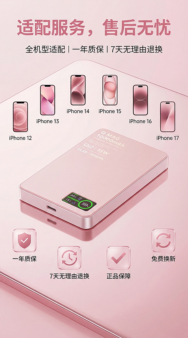 充电宝详情页
一、第一屏
 1.标题（大字）：
 “ iPhone 专用QI2磁吸充电宝”
2.副标题（小字）：
  “Qi2 磁吸快充｜实时屏显｜金属+磨砂玻璃高颜值”
画面描述：
  - iPhone 17 银色背面 + QI2充电宝吸在背上+图中浅蓝色的背景上有几个承托产品的柔软的渐变球体，画面颜色搭配舒服；
  - 特写磨砂玻璃背板的光感+金属边框；强化突出充电宝的背面磨砂玻璃的质感和金属边框的材质。（3D渲染风格，超写实主义，octane渲染，强调材质细节，磨砂玻璃与液态透明质感的精确表现，现代产品设计可视化，8K超高清分辨率，光线追踪技术，细腻的材质反射与折射效果）
二、第二屏
- 标题：
 “告别笨重的大砖头，只带一片就够了”
- 副标题：
  **通勤、追剧、咖啡店办公，一吸即充，不占手不占线**
- 内容点（用三小图或三 icon）：
  1. 地铁/通勤：手机+充电宝一体握在手里 → “边走边刷，磁吸不掉”
  **画面描述：**地铁/通勤：有个帅哥在地铁里一只手抓着头顶的扶手，一只手一体握着背面有充电的手机在手里
  2. 办公/咖啡：手机放桌面上吸着充 → “无需找线，拿起就走” 
  3. 外出约会：女士小包内实拍 → “比大容量砖头更轻更好看”

三. 第三屏
- 标题：
  “Qi2 磁吸快充 + 实时屏显，一眼看懂充电状态”
- 副标题：
 “支持 Qi2 磁吸协议，最高 15W 无线快充，PD 20W 有线快充”
画面描述：（按照参考图排位，一边一张，另外一边两张）：
  - 左侧：Qi2 + MagSafe 图标，背景放个稍微虚化的充电宝。
    - 文案：“一吸即充，自动对准磁吸线圈”
  - 右上侧：iPhone17的UI特写（充电数显）
    - 文案：“电量百分比 / 充电功率 / 剩余时间，一目了然” 
- 右下侧：PD 20W 有线口示意
    - 文案：“有线充更快，iPhone 从 20% 充到 60% 约 XX 分钟*（用实测数据补）”

 四、第四屏
- 标题：
 “轻装出门，刚刚好够用的一天电量”
- 副标题：
 “不是越大越好，而是刚好够用才重要”
- 左侧：5000mAh →
  - 文案：
    - “适合日常通勤补电，iPhone 17大约可从 20% 充到 80% 约1–2 次*”
“更轻更薄，放小包不占空间”
右侧：10000mAh →文案：“适合重度使用/短途出差，iPhone 15 大约可从 20% 充到 80% 约 2–3 次*”
“容量更安心，一天电量无压力”
下面一行明度低很小字共同说明：
“*具体次数视机型与使用环境略有差异，数据来自本店实验室测试”
再配一张 “手拿厚度对比” + “磁吸强度小图”：
文案：“约 123g，握持轻便不疲劳”
“强磁吸 + 多点定位，走路轻晃不易掉落，建议搭配磁吸手机壳使用”
五、第五屏：
做工 & 质感——用现有的 CNC / 阳极氧化 / AG磨砂玻璃
标题：
金属边框 + 磨砂玻璃，手感和颜值都在线
副标题：
CNC 精工切削｜阳极氧化金属边框｜AG 磨砂钢化玻璃背板
画面描述、内容点：
图1：充电宝边框倒角特写文案：“金属边框一体成型，CNC 精雕细琢，边缘圆润不割手”
图2：充电宝磨砂玻璃背板局部反光文案：“AG 磨砂钢化玻璃，低反光不炫目，摸起来细腻不黏腻”
图3：手指触摸充电宝不留印对比文案：“防指纹涂层，告别油腻指纹，一整天保持清爽干净”
六、 第六屏：
安全 & 品控（电芯+保护）
使用现有的产品电池剖面图，讲解“产品用料+保护”减少用户担心。
标题：
安全电芯 + 多重保护，安心充不伤机
副标题：
高品质电芯｜多重智能保护｜严格出厂检测
内容点：
“采用高品质聚合物电芯，多轮测试，寿命更长”
“内置多重保护：过充保护 / 过放保护 / 过流保护 / 短路保护 / 温度保护”
“每一台出厂前都经过完整充放电检测，确保稳定可靠”
下方使用一些产品认证和充电宝常用小图标（如 CE、CCC，FCC、RoHS、飞机、高铁等），底透明度白底排一行不占画面空间
 七、第七屏：
对比普通充电宝（强化定位差异）
用一张对比表，把你和“便宜大黑砖”做对比。
标题：
“不是大黑砖，是日常随身的数码饰品”
表格示例：
对比项普通充电宝这款磁吸玻璃充电宝
外观 塑料外壳、普通造型 金属边框 + 磨砂玻 璃，高级质感
使用方式 要找线、要拿着两块 一吸即充，手机+电宝合一
重量体积 笨重厚实，多余容量浪费 小巧轻薄便携，刚好满足一天使用
充电状态 只有几个灯，看不懂 数显屏实时显示电量和功率
适配 iPhone只能当普通移动电源 支持 Qi2 磁吸，更适合 iPhone 用户超写实3D渲染风格重新制作完整八屏电商详情页，4K分辨率，从产品定位、场景痛点、核心功能、体验细节、做工质感、安全品控、竞品对比到适配服务，全方位呈现产品优势，精准表现材质的反射与折射质感。
套图氛围和色彩参考最后一张图