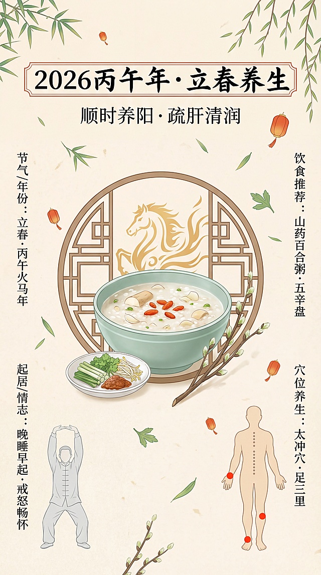 新中式简约风格，竖版手机海报，8K高清，超精细质感，暖色调为主。核心画面：中心是青瓷碗盛放山药百合粥，粥面点缀枸杞，旁置白瓷小碟装五辛盘（韭菜、香菜、豆芽），碗边斜插刚发芽的柳枝，背景是圆形回纹中式窗棂，窗棂内是抽象金色火马纹样（线条流畅，体现丙午火年特质）。画面左侧是八段锦“双手托天理三焦”的浅灰色线描人物，右侧是简化的人体穴位图（仅标注太冲穴、足三里，用朱红点突出）。顶部是毛笔书法字体标题“2026丙午年·立春养生”，朱红描边，下方是纤细宋体副标题“顺时养阳·疏肝清润”。左右两侧分栏标注文字信息，左侧：“节气/年份：立春·丙午火马年”“起居/情志：晚睡早起·戒怒畅怀”；右侧：“饮食推荐：山药百合粥·五辛盘”“穴位养生：太冲穴·足三里”。背景为浅米色宣纸纹理，点缀青竹绿柳枝、朱红小灯笼、青竹绿艾草叶，整体色调为暖米色、浅焦糖色、青竹绿、浅湖蓝，温润治愈，专业中医养生氛围，无多余文字，排版整洁，细节拉满。