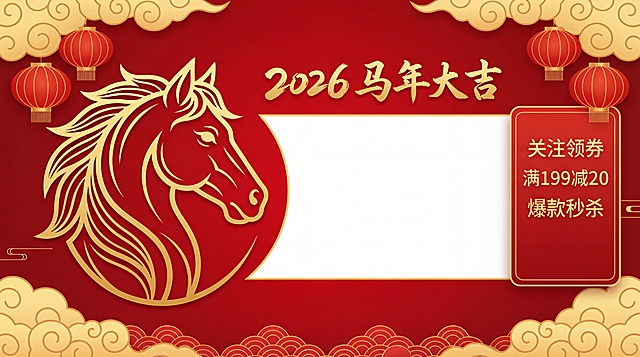喜庆红金配色，剪纸风马首造型，国潮元素融合云纹与灯笼，鎏金质感彰显中式年味，2026马年大吉主题突出，视觉饱满喜庆。