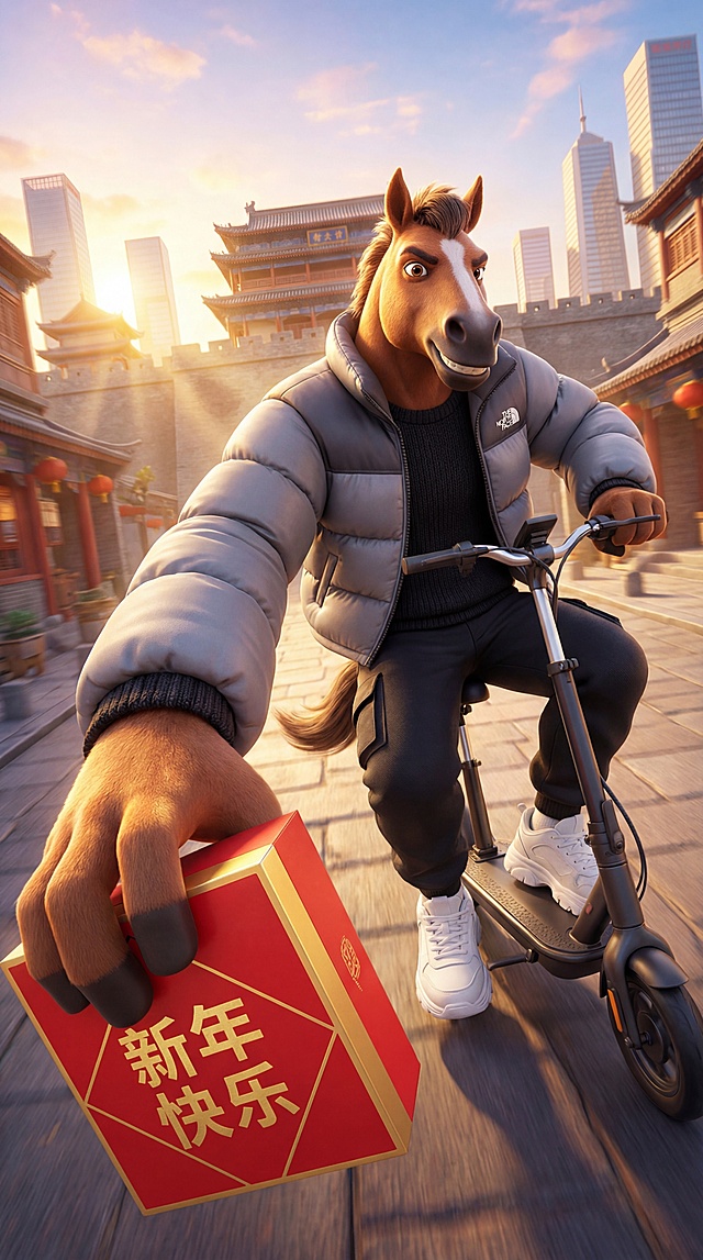 软3D风拟人马骑电驴送红包，国潮中式街景，喜庆卡通感十足，新年氛围浓厚。