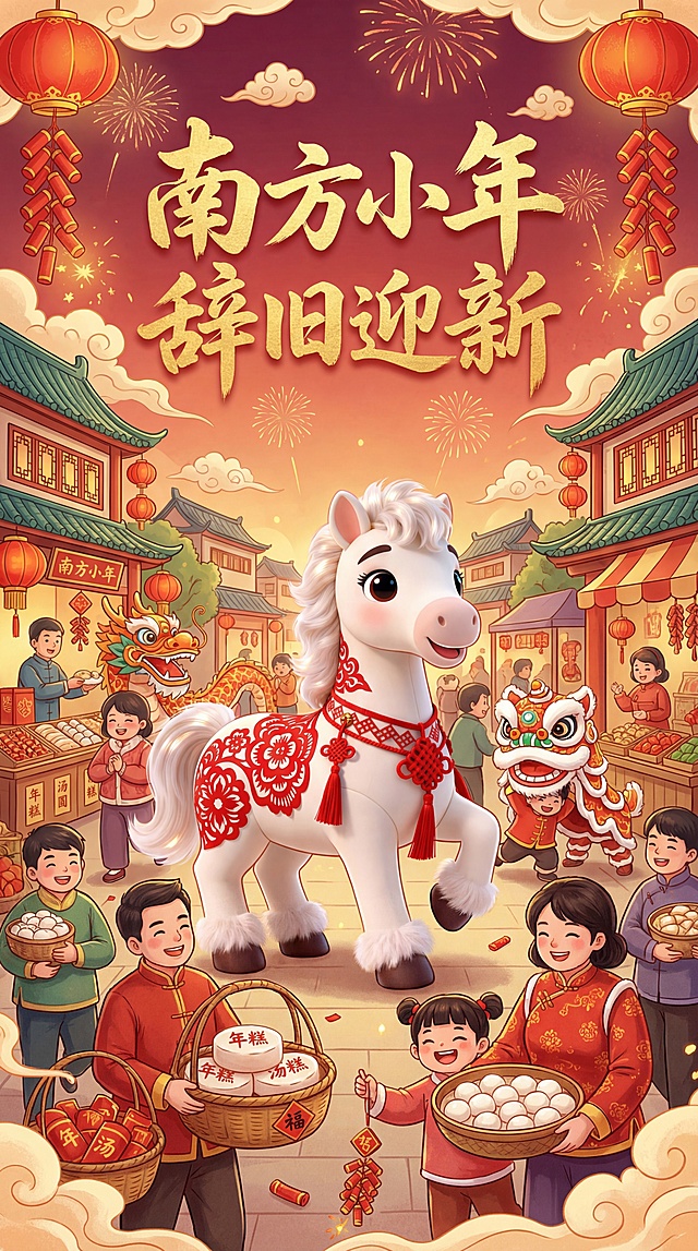 参考图1风格，把图2中马生成一张南方小年的海报