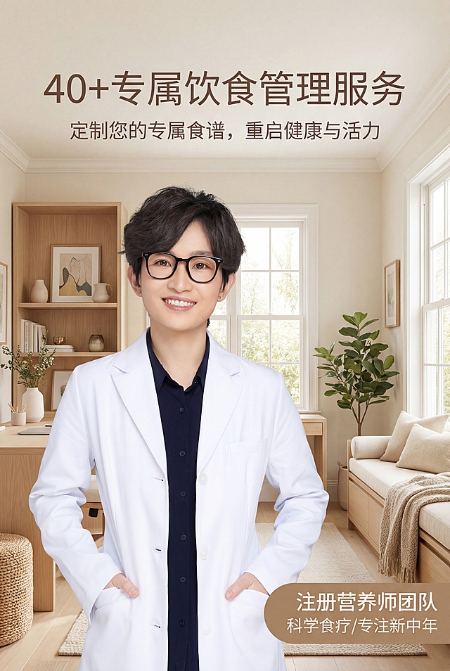 ✅ 一、视觉风格提示词
画面基调：

一个单色背景，颜色为低饱和度、柔和、带有一些灰调的奶油黄绿色（sage green/creamy muted green），类似于干燥的鼠尾草叶或抹茶拿铁的颜色。背景平整光滑，无任何纹理或图案。

字体柔和，可使用微软雅黑，避免过于刚硬

元素构成：

主标题 + 副标题，下配简短说明
营养师 
 
氛围关键词：

温柔陪伴、轻盈感、呼吸感、时尚

无压迫感、非商业化、情感化沟通**✅  画面内容： 封面图 (专业与信赖)**
*   **画面内容：**营养师，直接用我提供的图片，背景是简洁、明亮的居家或高端办公室环境，色调温暖稳重。
*   **图片文案：**
    *   **主标题：40+ 专属饮食管理服务**
    *   **副标题：定制您的专属食谱，重启健康与活力**
    *   **贴纸/角标：注册营养师团队 / 科学食疗/专注新中年**