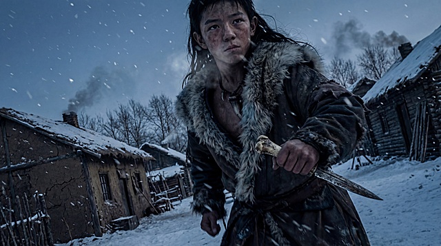 雪夜寒村，少年持骨刃凝视前方，胶片质感的冷色调光影交织，重拟物风呈现粗粝质朴的东亚民族生存史诗，实景感与故事感扑面而来。