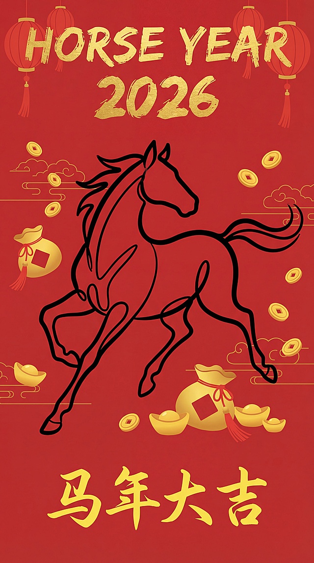 国潮风插画，描边线条勾勒奔马，搭配剪纸元素与鎏金配色，喜庆中式氛围浓厚，寓意马年大吉。