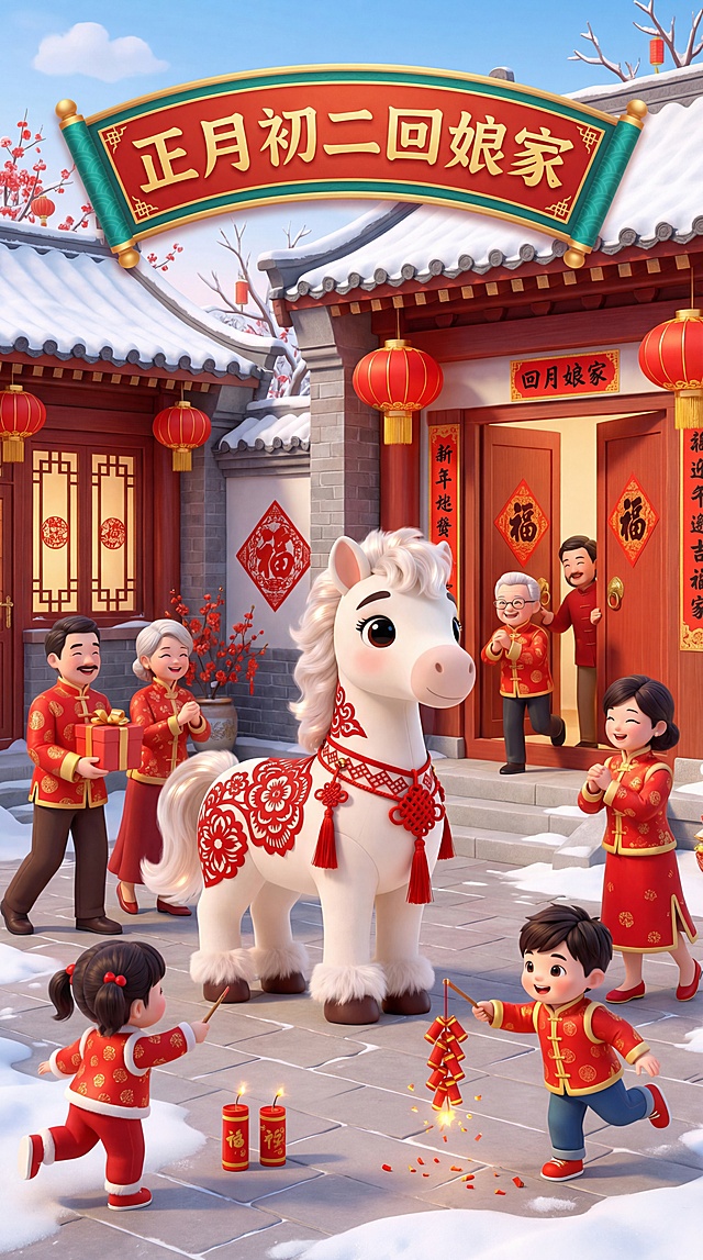 把图中的马生成一张海报，文字标题是正月初二回娘家。