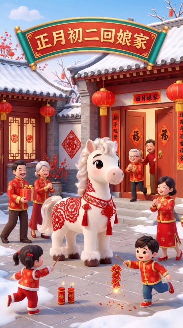 把图中的马生成一张海报，文字标题是正月初二回娘家。预览效果