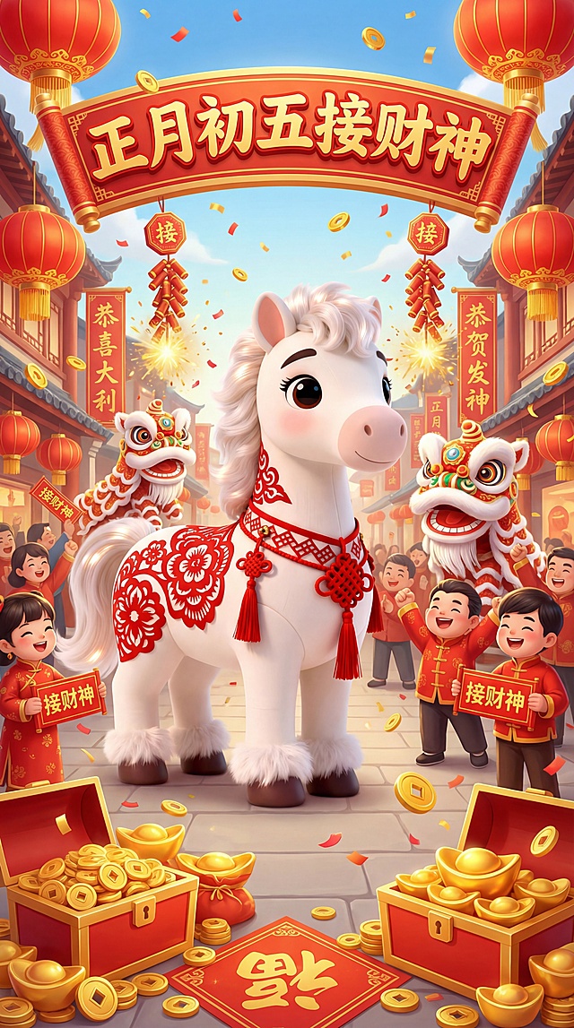 把图中的马生成一张海报，文字标题是正月初五接财神。