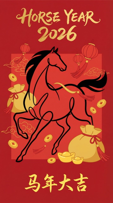 全新的中国风格，扁平化的插画，极简主义艺术，一只夸张地被高度抽象化的黑色骏马，由一条连续流畅的线条构成（动态的疾驰姿态，拉长的脖子和腿，流线型的身体），周围环绕着鼓鼓的金色钱袋（带有红色流苏）、散落的预览效果