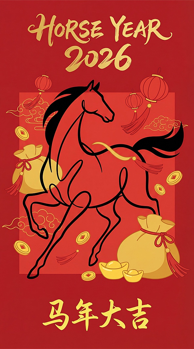 国潮风插画，描边线条勾勒奔马，搭配剪纸元素与鎏金配色，喜庆中式氛围浓厚，寓意马年大吉。