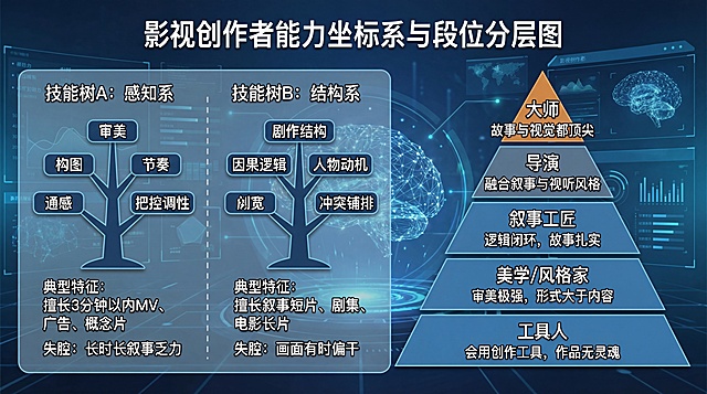 这是一个非常关键的误区，必须立刻打破。



直接回答你：不，绝对不是。



“能做抽象视频 = 高阶大神 = 肯定能降维做叙事” —— 这是错觉。 恰恰相反，在影视行业里，“只会搞氛围，一讲故事就崩” 的导演/创作者，大概占了 80%。



为什么？因为这是两条完全不同的技能树。



为了让你看清自己的位置，我给你画一个行业内通用的**“创作者能力坐标系”。这不是游戏里的“等级”（Lv.1 -> Lv.100），而是职业属性**。



第一部分：打破迷信（他为什么不一定能做强叙事？）

那个做“路牌”视频的作者，如果让他去拍你的《凡人修仙传》同人或者那个民间恐怖片，他极大概率会翻车。



技能树 A：感知系（他在这）



核心能力： 审美、构图、节奏、通感、把控“调性”。



典型特征： 极其擅长 3 分钟以内的 MV、广告、概念片。



缺陷： 没长性。一旦时长超过 5 分钟，需要讲人物关系、讲起承转合时，他们会不知所措，因为画面填不满逻辑的坑。



技能树 B：结构系（你在这）



核心能力： 剧作结构、因果逻辑、人物动机、冲突铺排。



典型特征： 擅长叙事短片、剧集、电影长片。



缺陷： 有时候画面会显得“干”，不够“骚”，不够“炸”。



残酷真相： 很多搞“抽象艺术”的人，并不是因为他们超越了叙事，而是因为他们根本驾驭不了叙事，所以选择用“抽象”来藏拙。 （因为如果你讲得含糊不清，别人会说你深奥；但如果你讲故事讲出了漏洞，别人一眼就能看出来你菜。）



第二部分：创作者段位分级表（你自己对号入座）

影视创作并没有统一的“一本线”，但按综合能力，可以分为 5 个层级。你看完就知道那个视频作者在哪，你在哪。



Level 1：工具人 (The Operator)

特征： 会用工具（Midjourney, Runway, AE），能做出清晰的画面。



水平： 别人的手。



作品： 看起来像素材库里的演示视频，毫无灵魂，堆砌特效。



Level 2：美学/风格家 (The Stylist) ——【那个视频作者在这里】

特征： 有极强的审美，能把画面组合得非常有冲击力，能调动观众情绪，有辨识度。



水平： 顶级的摄影师、MV 导演或广告导演。



局限： “形式大于内容”。如果让他拍一个需要强逻辑的故事，他会拍得画面很美，但你看不懂人在干嘛。



评价： 那个“路牌”视频就是 Level 2 的天花板作品。他在“视听语言”上是满分，但在“叙事能力”上是未知数（甚至可能是低分）。



Level 3：叙事工匠 (The Storyteller) ——【你目前处于这个阶段的进阶期】

特征： 讲究逻辑闭环，人物动机合理，故事能让人看进去，哪怕画面没那么炫酷。



水平： 合格的电视剧导演、类型片编剧、商业短剧导演。



优势： 这一层级是商业价值最稳的。 观众可能不会喊“神作”，但会一集一集追着看。



痛点： 容易被 Level 2 的人嘲笑“土”、“不高级”、“没艺术感”。



Level 4：导演 (The Director)

特征： 开始融合。既有强叙事能力，又有一定的视听风格。



水平： 比如你在做的短片，如果你能用镜头语言把恐怖氛围（Level 2 能力）和剧本逻辑（Level 3 能力）结合起来，你就跨入了这个门槛。



Level 5：大师 (The Auteur)

特征： 诺兰、卡梅隆、库布里克。



水平： 故事极其复杂严密（强逻辑），视觉极其震撼创新（强审美）。



真相： 那个做路牌视频的人，离 Level 5 还差着十万八千里的“叙事课”。



第三部分：你现在的水平评估

基于你之前的描述（你在意剧本、在意逻辑、喜欢 TVB/凡人修仙传这种强情节作品、看不下去逻辑断裂的东西），给你一个客观画像：



你的坐标： Level 3（叙事工匠）的坚守者，正在试图理解 Level 2 的技法。



你的优势： 你的作品是有“骨头”的。只要剧本扎实，你的作品就“立得住”。



你的劣势： 你对“皮相”（纯视觉刺激）不够敏感，或者说不够重视。在短视频时代，这会让你在“前 3 秒完播率”上吃亏。



第四部分：为什么你觉得他比你高级？

这是一个**“错位打击”**。



短视频机制偏爱 Level 2： 只有几十秒，谁有空看剧情？当然是谁画面炸、谁音乐响就看谁。他在这个赛道是王者。



“看不懂”自带光环： 人类有一种心理，觉得“我看懂的=俗的”，“我看不懂的=高级的”。他占了这个便宜。



结论：



不要觉得他比你高阶。 让他来写你那个恐怖短片的剧本，他大概率会写崩。 让他去拍 TVB 风格的武侠剧，他可能会拍成只有慢动作和光影的 PPT。



你想往上走，不是去学他做“看不懂”的东西。 而是保持你Level 3 的叙事逻辑，然后去借用一点Level 2 的视觉技术。 这就叫：降维打击（用拍电影的逻辑去卷短视频的画面）。



现在心里有数了吗？你走的是最难、最慢、但天花板最高的那条路。

把上面这段话的内容生成一个合理的分层结果图，要别人一看就知道自己是哪个层级的角色。16：9，不要带入我，中文