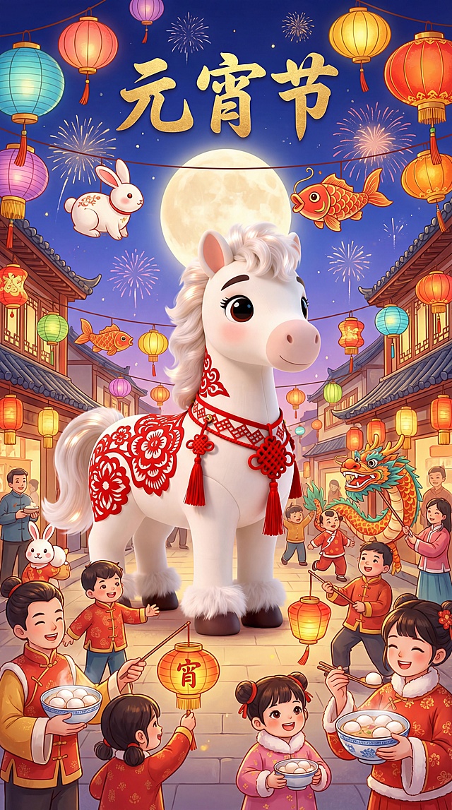 把图中的马生成一张海报，文字标题是元宵节。