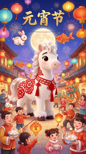 把图中的马生成一张海报，文字标题是元宵节。预览效果