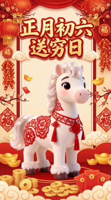 把图中的马生成一张海报，文字标题是正月初六送穷日。预览效果