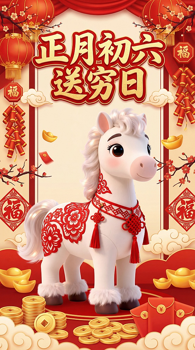 把图中的马生成一张海报，文字标题是正月初六送穷日。