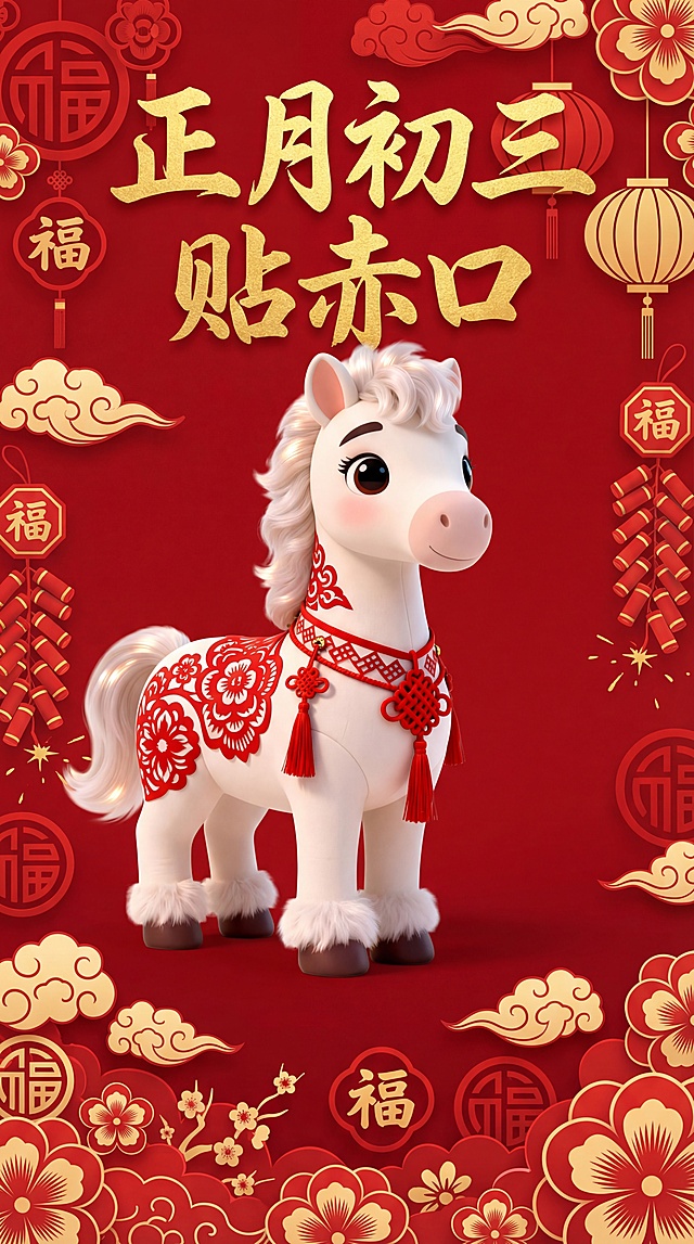 把图中的马生成一张海报，文字标题是正月初三贴赤口。