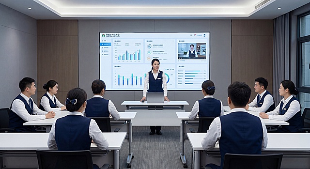 A 4K ultra-realistic, photorealistic depiction of a Shaanxi Rural Credit Union video teller training session. Front view of a modern conference room with professional lighting, sharp focus, and crisp details. On the wall behind, a 16:9 screen displays a sleek, slightly futuristic interface with data or training visuals, emitting a soft technological glow.

The trainer stands at the front, wearing a white shirt and a deep navy blue vest, with a single open laptop on the table before them. The trainees are seated in an organized yet naturally varied arrangement—intermixed male and female employees, with varied hairstyles and body types, all dressed in white shirts and matching deep navy blue vests. Their postures are attentive but not identical, creating a dynamic and realistic group. The remaining tables are clean and clear, with no other devices or clutter.

The image style emphasizes absolute clarity, matte textures, and realistic depth of field. No oil painting effects, no smudged or blurred brushstrokes, no glossy or over-saturated colors. The atmosphere is professional, clean, and focused, with an emphasis on authentic detail and spatial order.