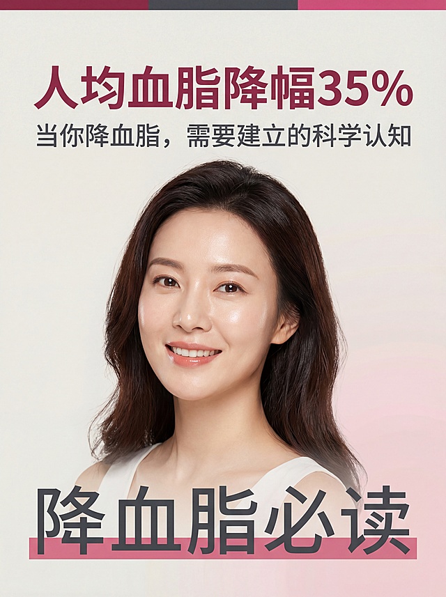 ✅ 一、视觉风格提示词
画面基调：
一种非常浅的、带有微妙灰色调的奶油灰粉色或淡藕荷色。它不是纯白，而是带有极低饱和度的暖粉/紫调，营造出柔和、洁净且不失温暖的高级感。
一个光滑、平整的纯色图形（可以是圆形、徽章或按钮形状），颜色是一种深邃、浓郁且带有高级灰调的浆果红色，类似于黑加仑果酱或陈年勃艮第红酒的颜色，显得专业、稳重且富有现代感。
字体柔和，可使用微软雅黑，避免过于刚硬
 核心品牌色： 需要代表着专业、信任与女性气质。
辅助色/文字色：深灰色，用于大部分说明性文字，确保清晰可读。

点缀色：在部分图标或装饰线上，可能使用了与主色同色系但稍深的粉色或浅紫色进行搭配。

整体感受：专业、私密、柔和、可信赖、具有现代科技感，非常符合其面向女性的个性化健康服务定位。

主标题 + 副标题，下配简短说明
氛围关键词：

温柔陪伴、轻盈感、呼吸感、时尚
背景：  模特为40岁 中年女性，一张 健康肖像，主角是一位美丽、容光焕发的东亚或白人女性，年龄在 35-40 岁之间，散发着健康与活力。她拥有完美、发光、水润的肌肤，带着温暖、自信、亲切的微笑直视镜头。她的头发柔亮健康。 摄影风格干净、明亮、高端，采用柔和漫射的影棚灯光，在她的皮肤和头发上创造出光彩照人的效果。背景是柔和、浅色、模糊的渐变，将所有注意力聚焦于她 上。专业摄影品质，8K分辨率，对焦清晰
专业布光：光线柔和、均匀，面部没有强烈的阴影，呈现干净、明亮的肌肤质感 
构图与互动：人物通常是半身像或胸像，目光直视镜头，与观看者建立直接、可信赖的连接。背景虚化或为纯色，突出人物。
无压迫感、非商业化、情感化沟通**✅画面内容：*   **图片文案**：
 *   **人均血脂降幅35%**
  *   **当你降血脂，需要建立的科学认知**
  *   **降血脂必读**