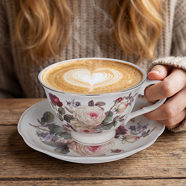 「图片1」帮我杯中装入卡布奇诺，再帮我让国外的美女用一只手自然握住咖啡杯的杯柄的场景