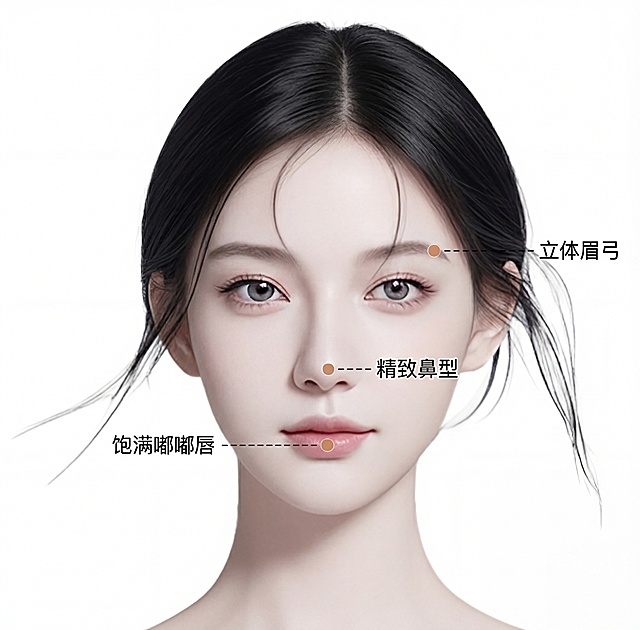 「图片1」根据我给你的图，只标记我给你的部位，饱满嘟嘟唇提升元气，立体眉弓强化轮廓，精致鼻型拉高面部重心，纯白背景。