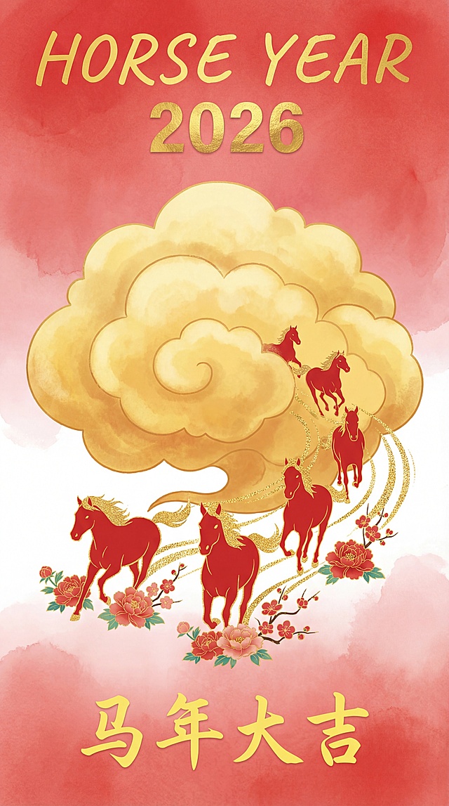 平铺的水彩画风格插图，具有新中式风格，马年主题，自上而下的视角（鸟瞰视角），画面中央有一朵巨大的蓬松的金色吉祥云，5匹红色和金色的马的轮廓依次从想云中跑出，一个接一个向前奔腾，一步一步有花朵，身后留下一片旋转的金色闪光轨迹，沿途绽放着盛开的中国牡丹和梅花（逐步绽放的花朵），柔和的红色渐变背景带有微妙的水彩晕染，简约的构图，清晰的线条，平铺的色块结合透明的水彩泼洒，红、金和白色之间对比强烈，充满节日和梦幻的氛围，适合春节海报和壁纸使用。。顶部手写文字‘HORSE YEAR’，金色鎏金风格的数字‘2026’，底部手写黄色字 “马年大吉“