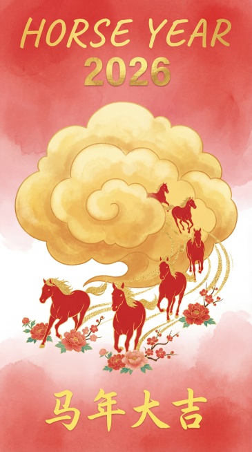 平铺的水彩画风格插图，具有新中式风格，马年主题，自上而下的视角（鸟瞰视角），画面中央有一朵巨大的蓬松的金色吉祥云，5匹红色和金色的马的轮廓依次从想云中跑出，一个接一个向前奔腾，一步一步有花朵，身后留下预览效果