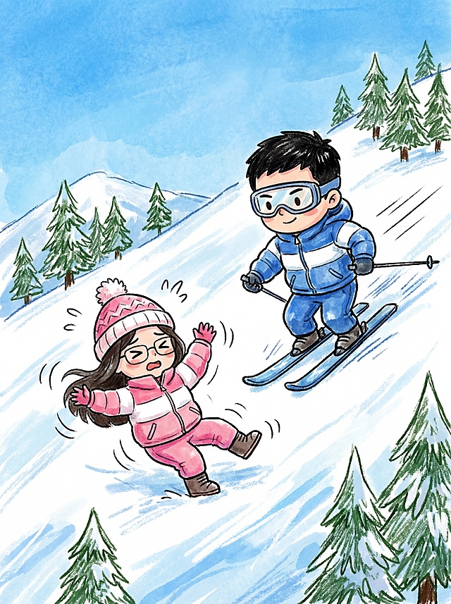 Aspect Ratio: 3:4Prompt:Hand-drawn Q-version illustration of a cute couple (Refer to attached hand-drawn images).[Clothing]: Boy in a blue and white puffer suit and goggles. Girl in a pink and white puffer suit and pom-pom hat.[Action]: Action shot on a snowy slope. Boy skis confidently with motion lines. Girl looks wobbly and clumsy, waving arms, with funny motion lines.[Environment]: A white snowy mountain slope painted with broad brushstrokes. Pine tree doodles covered in snow. Blue sky background.[Style]: Hand-drawn chibi illustration, crayon and watercolor texture, energetic and funny, no text, text-free.「图片1」「图片1」