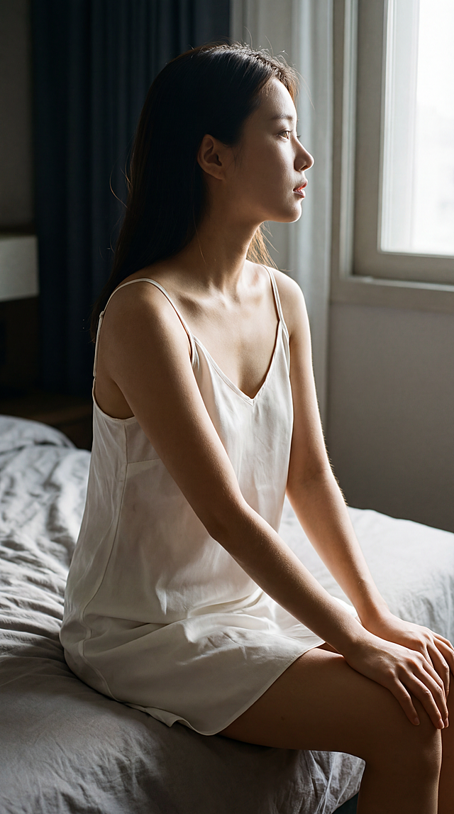 「图片1」使用 Sony A7R V 相机搭配 35mm f/1.4 镜头，真实拍摄，锐利清晰。一位惊艳的 20 多岁亚洲年轻女性，拥有如顶级韩国女团偶像般的精致五官，坐在床边，床单微皱，房间光线柔和。她身穿一件简单宽松的白色丝绸吊带睡裙，望向窗外。柔和的晨光以逆光轮廓勾勒出她的身形，露出她裸露肩膀和手臂上的细小绒毛。她的皮肤白皙透亮，呈现未经修饰的真实纹理。整体氛围宁静、私密且自然，8K 分辨率，带有自然胶片颗粒感。