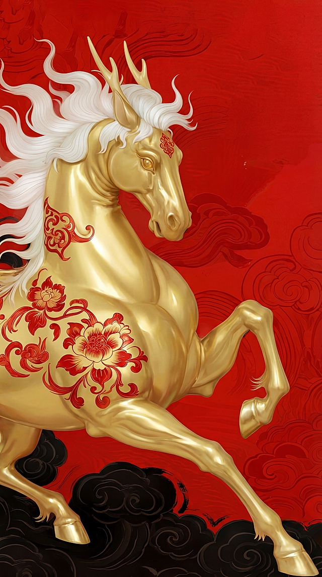 「图片1」将这匹马改为金色，花纹颜色改为红色，全身与原图一样瓷的质感，其他保持不变。