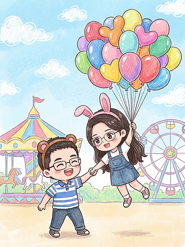 「图片1」「图片1」Aspect Ratio: 3:4Prompt:Hand-drawn Q-version illustration of a cute couple (Refer to attached hand-drawn images).[Clothing]: Boy in a striped polo shirt and bear ears headband. Girl in a suspender skirt and bunny ears headband.[Action]: Girl holds a huge bunch of colorful, hand-drawn balloons that float above her. Boy holds her hand, laughing, anchored to the ground.[Environment]: A whimsical amusement park background drawn with pastel crayons. A carousel and a Ferris wheel are visible under a blue sky with fluffy white cloud doodles.[Style]: Hand-drawn chibi illustration, crayon and watercolor texture, dreamy and energetic, no text, text-free.
