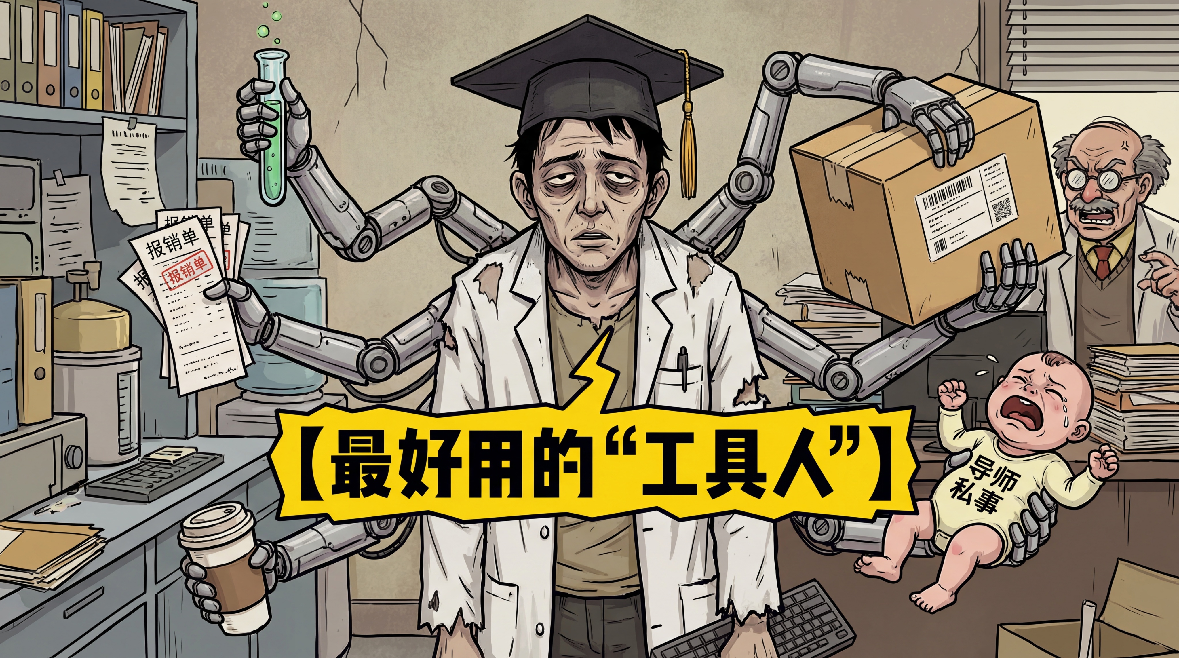 [image-讽刺插画风格。一个穿着实验服的研究生，长出了【六… - 图片创意预览