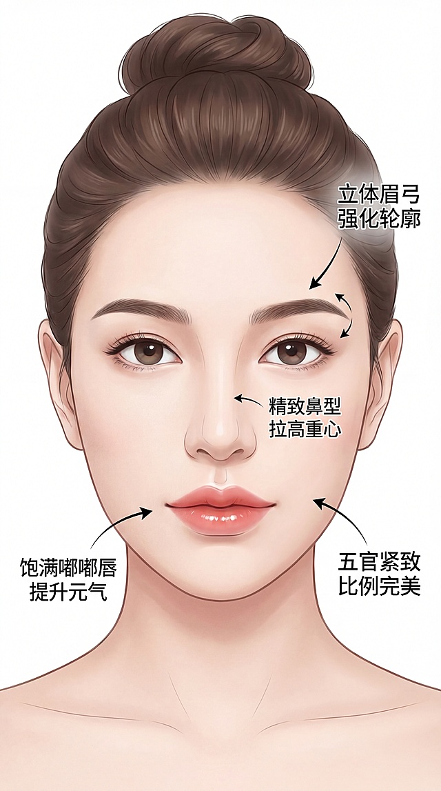 医美面部示意图，五官紧致，比例完美，丸子头发型美女面部，饱满嘟嘟唇提升元气，立体眉弓强化轮廓，精致鼻型拉高面部重心，素颜干净耐看、上镜更显高级，轻松拥有自然不假面的精致五官。纯白背景。