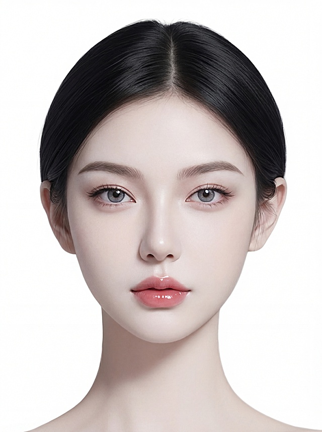 「图片1」根据我给你的图，只标记我给你的部位，饱满嘟嘟唇提升元气，立体眉弓强化轮廓，精致鼻型拉高面部重心，去掉模特的杂乱头发，纯白背景。