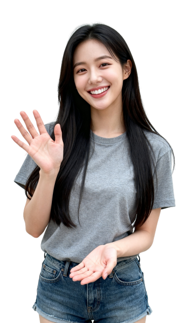画面中心一位留着柔顺黑长直的女性，发丝自然垂落肩侧，慵懒又温婉，绽放出灿烂明媚的笑容，眉眼弯弯，嘴角上扬露出整齐的牙齿，一手掌心向前轻扬，一手温柔摊开，穿着灰色T恤和牛仔短裤，白色背景，人物全部展示，预览效果