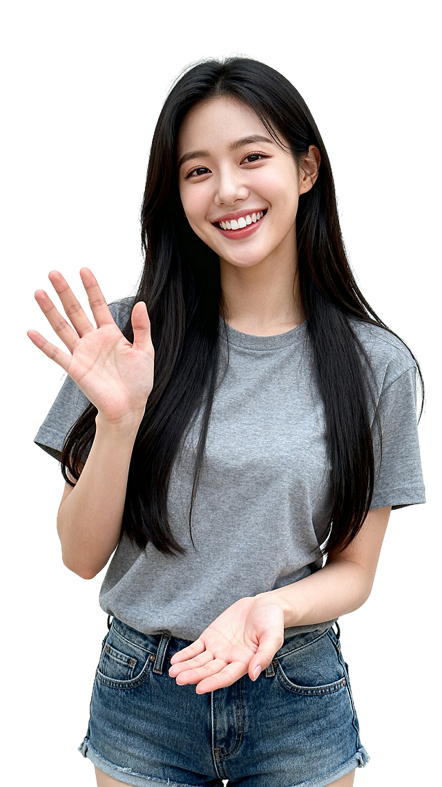 画面中心一位留着柔顺黑长直的女性，发丝自然垂落肩侧，慵懒又温婉，绽放出灿烂明媚的笑容，眉眼弯弯，嘴角上扬露出整齐的牙齿，一手掌心向前轻扬，一手温柔摊开，穿着灰色T恤和牛仔短裤，白色背景，人物全部展示，左右两边都有空隙