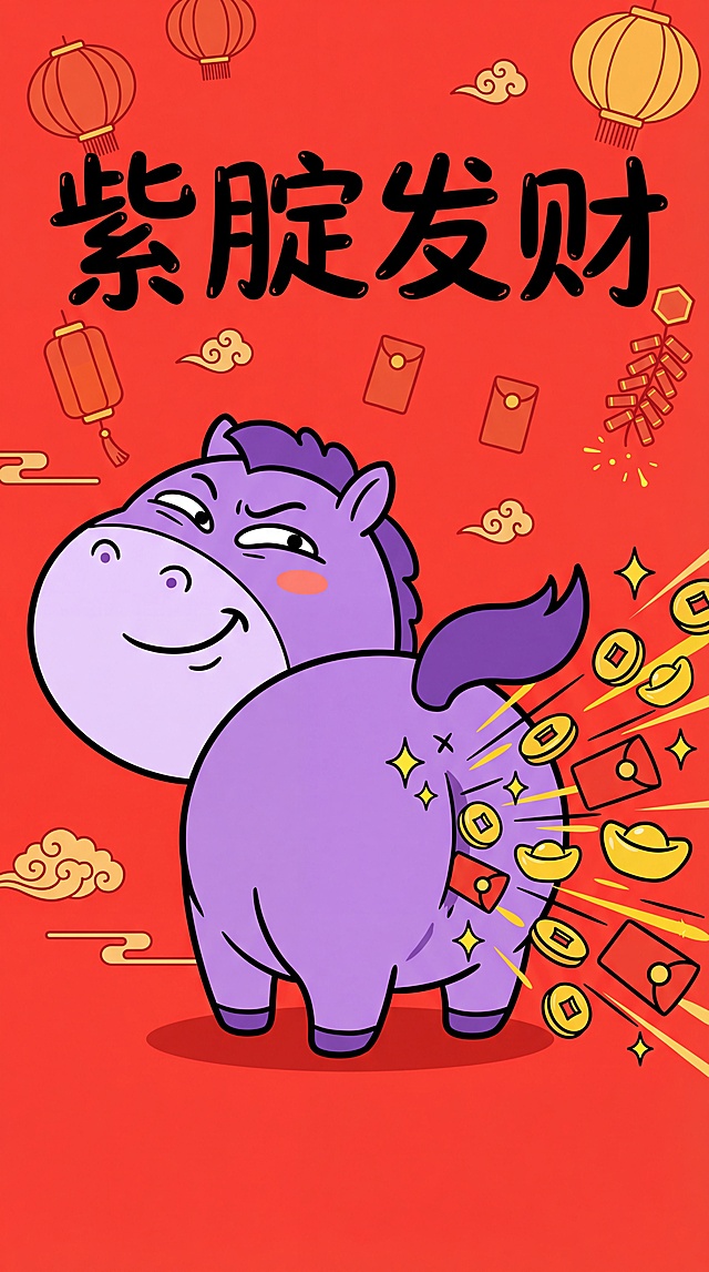 夸张有趣的卡通风格，一个胖乎乎的紫色小马，圆润可爱的体型比例，大大的脑袋和短短的腿，它的屁股朝着观众，脑袋向后扭向镜头，带着调皮的笑容（眯起的眼睛，上扬的嘴角），有很多金币、红色的幸运信封、从它的屁股里蹦出来的金色锭块，有着动感的速度线条，鲜艳的亮红色背景，饱和度高的色彩搭配，醒目的黑色轮廓，平面式插画，没有多余的细节，充满节日和欢乐的氛围，适合春节表情符号、红包封面和社交媒体海报。顶部手写着“紫腚发财”